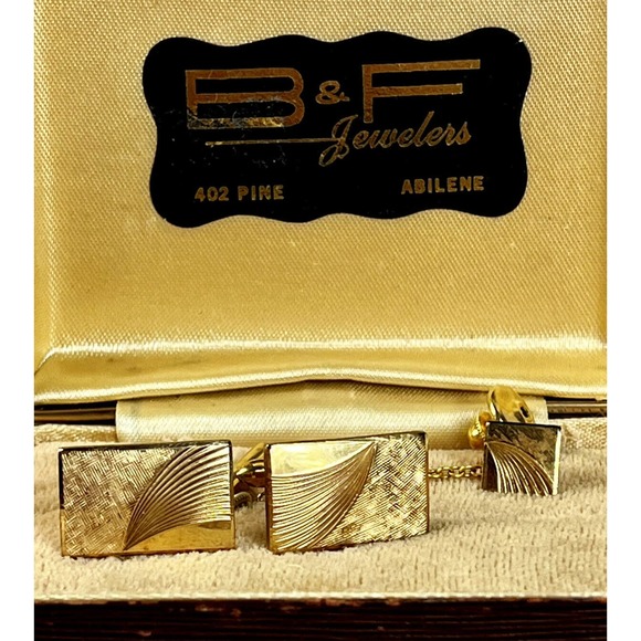 Yellow Gold 14K Filled 1/20th Quality Vintage Cuff Links & Tie Tack Set w/ Box - Picture 1 of 16